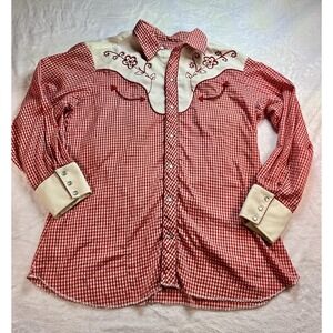 Vintage H Bar C Cowpoke Red Gingham Pearl Snap Shirt Adult Western 70s Cowboy
